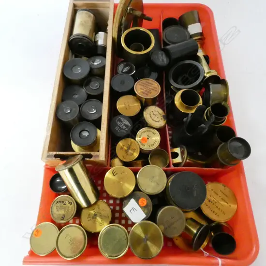 BOX OF ASSORTED MICROSCOPE LENSES AND EMPTY BRASS CANISTERS